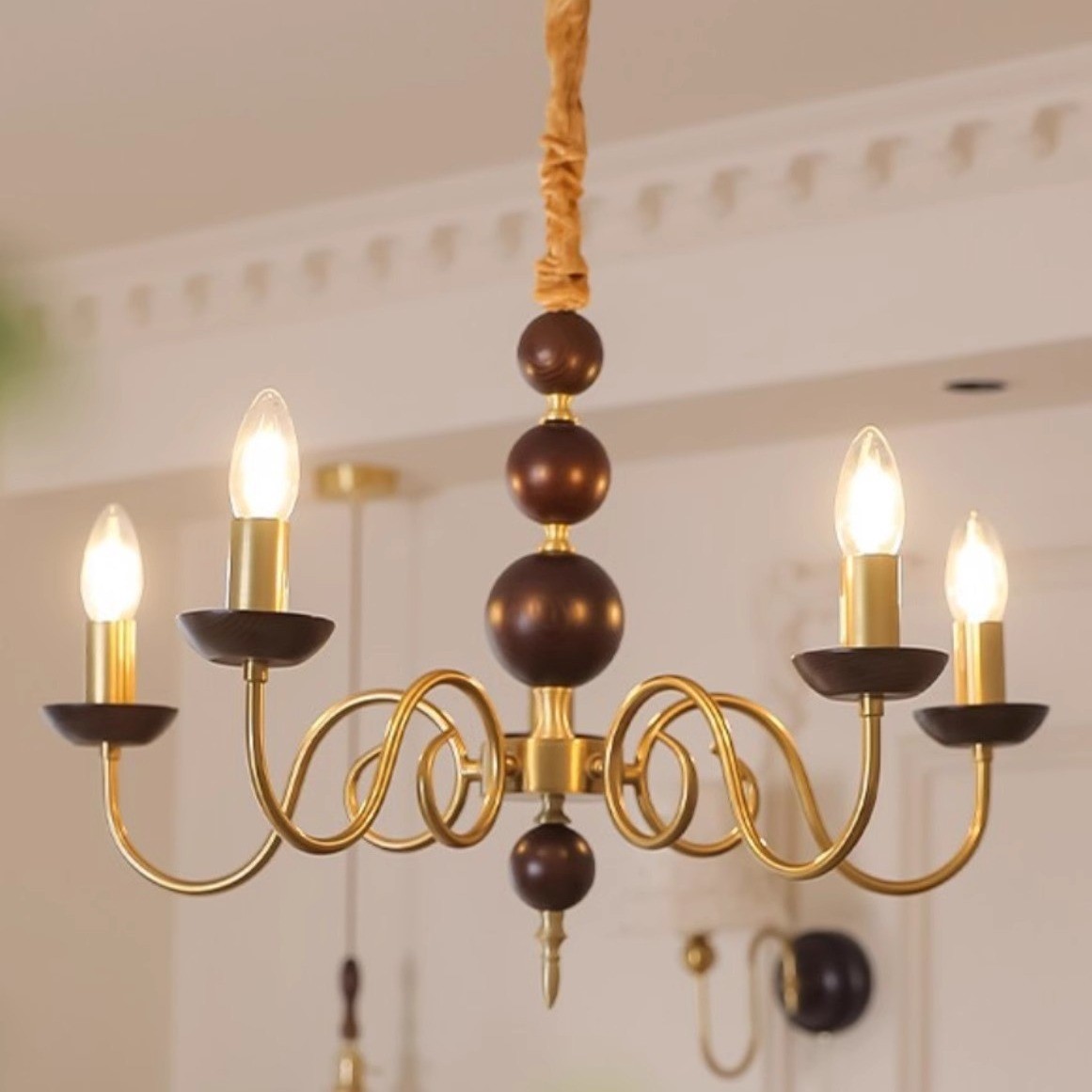 全铜蜡烛吊灯法式中古风客厅卧室餐厅灯胡桃木实木美式复古书房灯