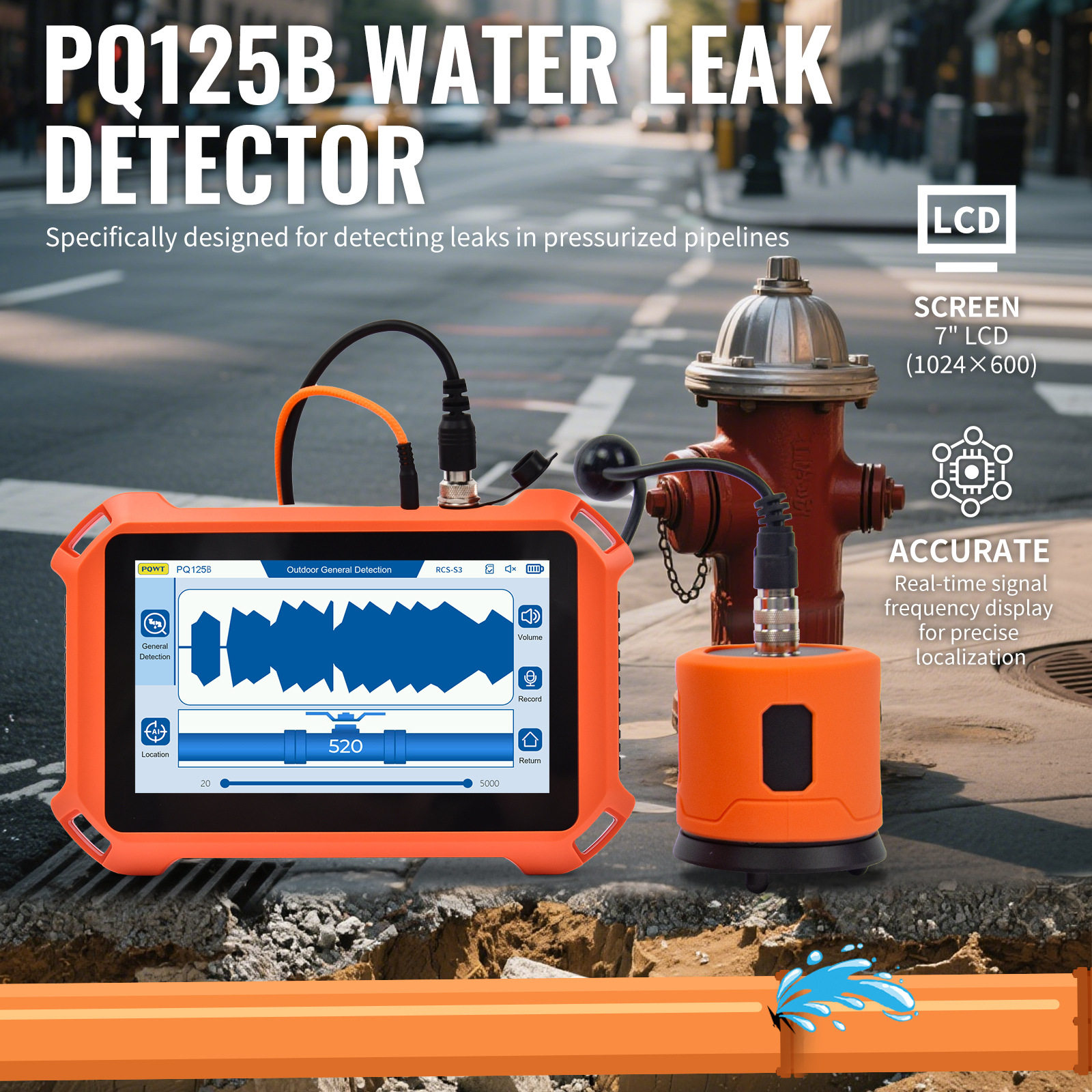 跨境PQWT英文版漏水检测仪PQ125B自来水管道 water leak detector