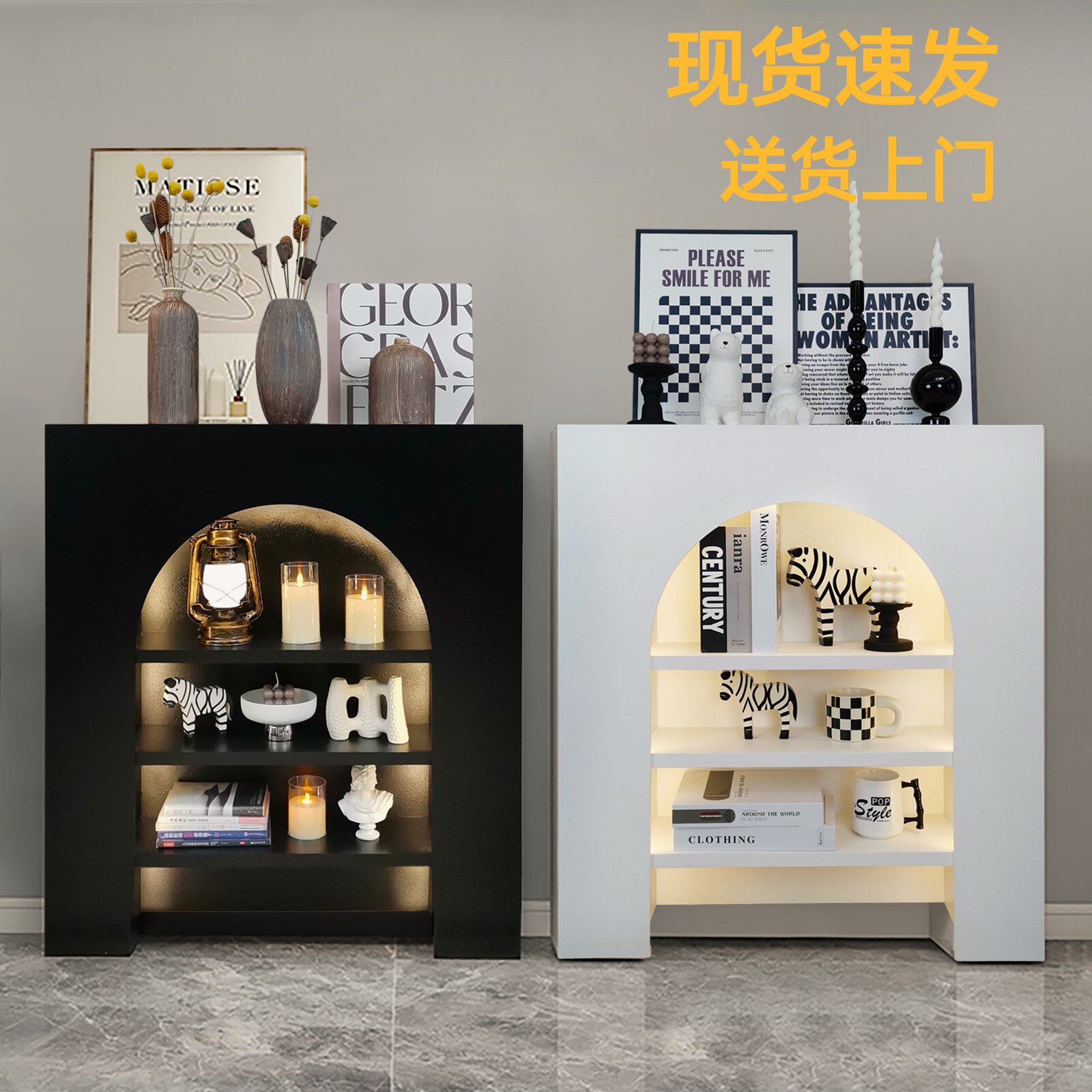 法式壁炉装饰柜奶油风客厅玄关柜沙发边柜展示柜直播间拍照背景图片