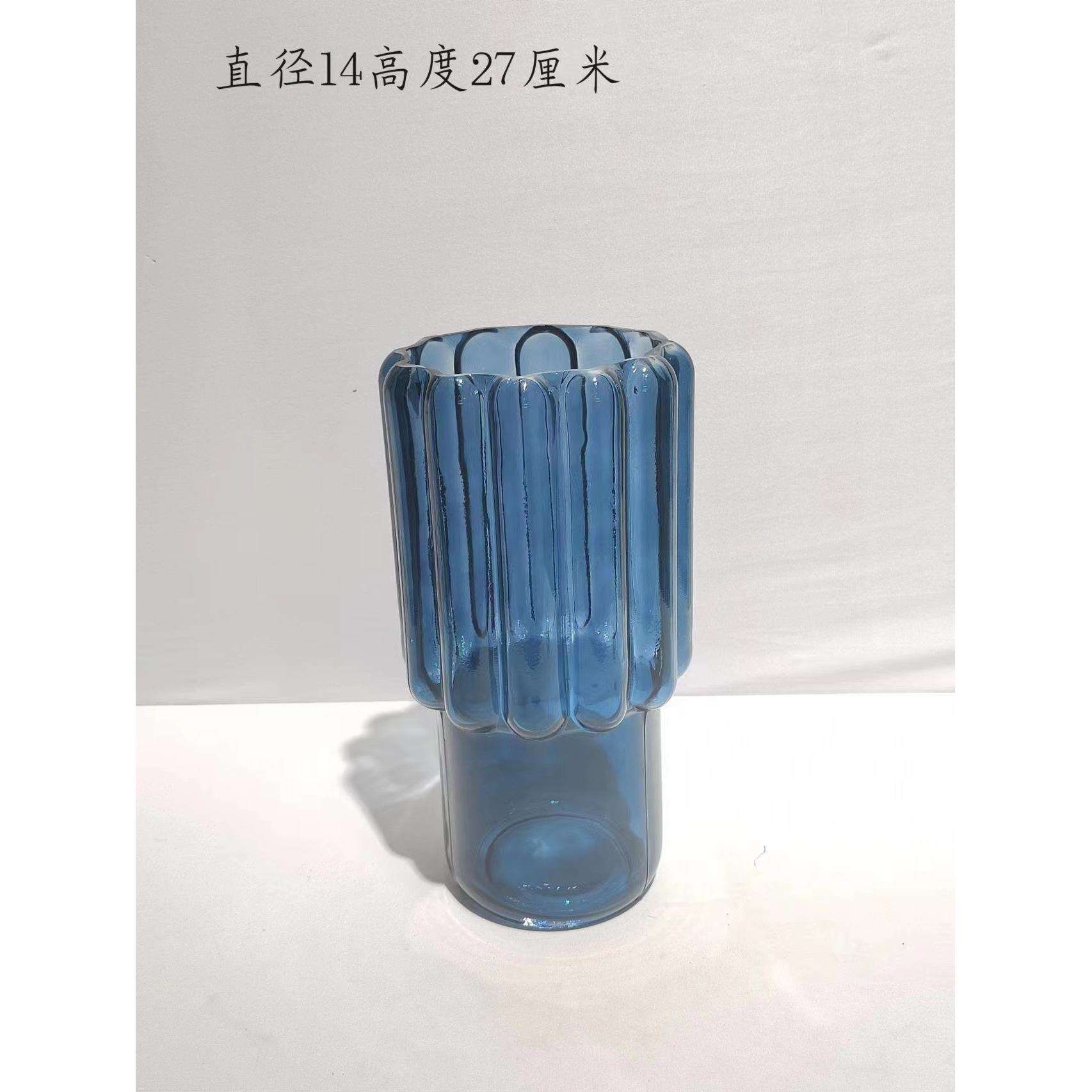 现代简约齿轮蓝色玻璃花瓶家居样板房客厅桌面插花装饰摆饰