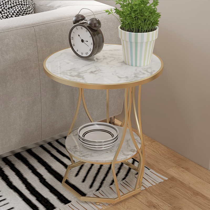 北欧大理石小茶几简约圆形阳台圆桌双层铁艺家用客厅卧室沙发边几