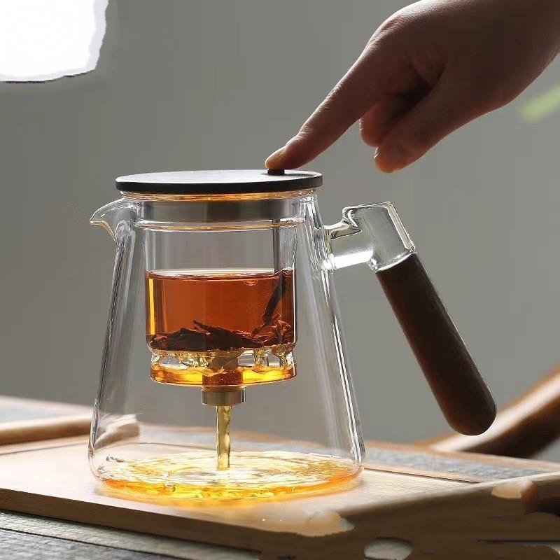 飘逸杯泡茶壶加厚茶水分离玻璃杯一键摁压胡桃木实木把手内胆煮茶