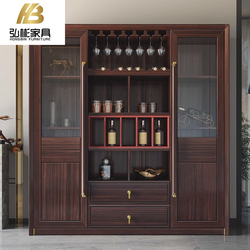 乌金木新中式餐边柜一体酒柜靠墙展示柜大别墅客厅储物柜实木酒柜