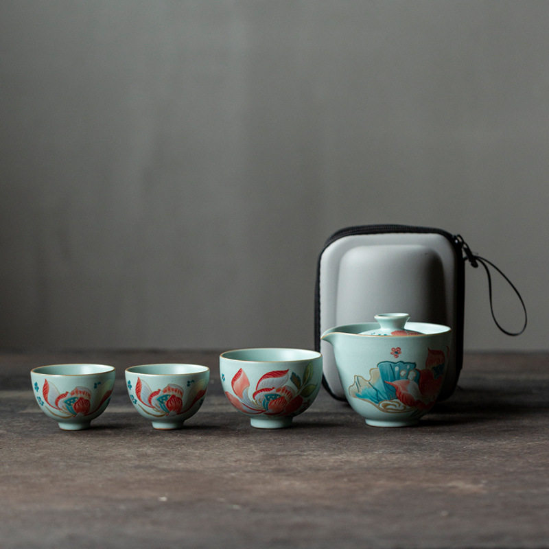 汝窑莲韵快客杯 中式复古泡茶壶 户外喝茶泡茶便携旅行装
