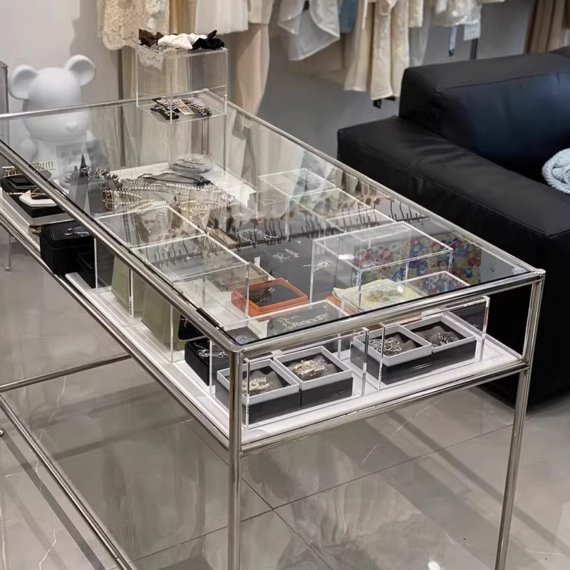 服装店饰品店中间摆放玻璃不锈钢展示台中岛陈列架电脑办公桌道具