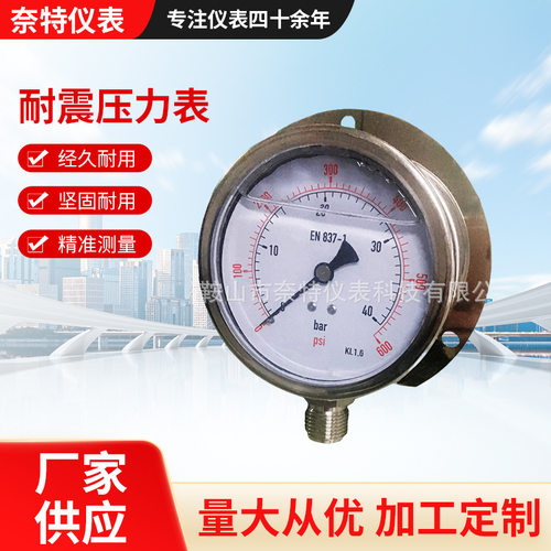 耐震压力表铜电镀接头100mm有后法兰4分牙直螺纹厂家直销
