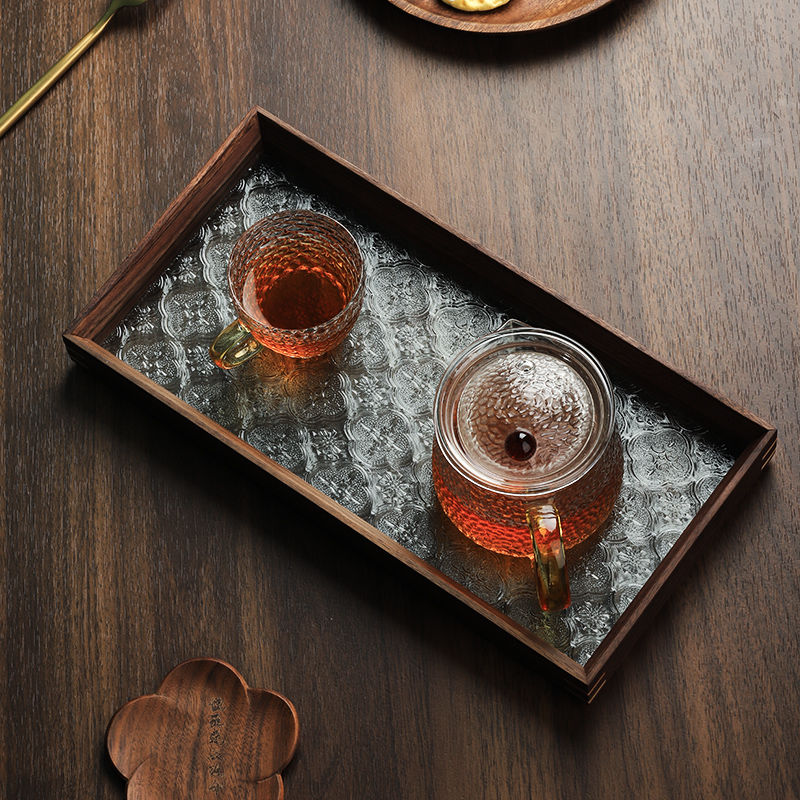 复古玻璃托d盘方形实木茶几家用茶盘茶具收纳点心水果盘子装饰摆