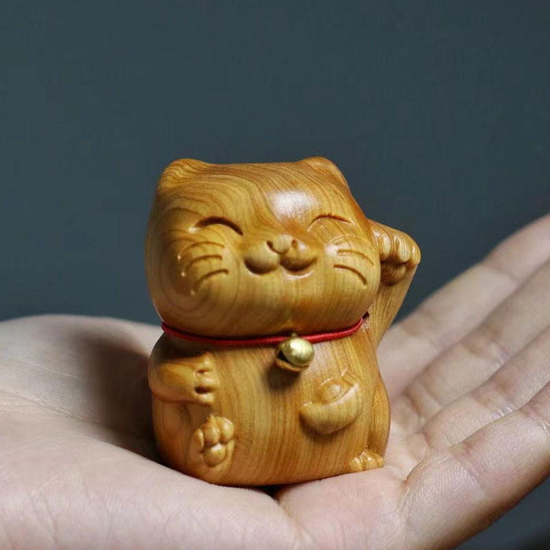 崖柏木雕小动物手把件可爱铃铛小猫咪摆件木质工艺品礼品厂家