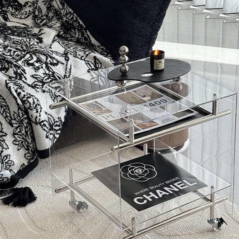 网红透明小推车简约现代中古创意B家用沙发边几移动收纳轻奢床头