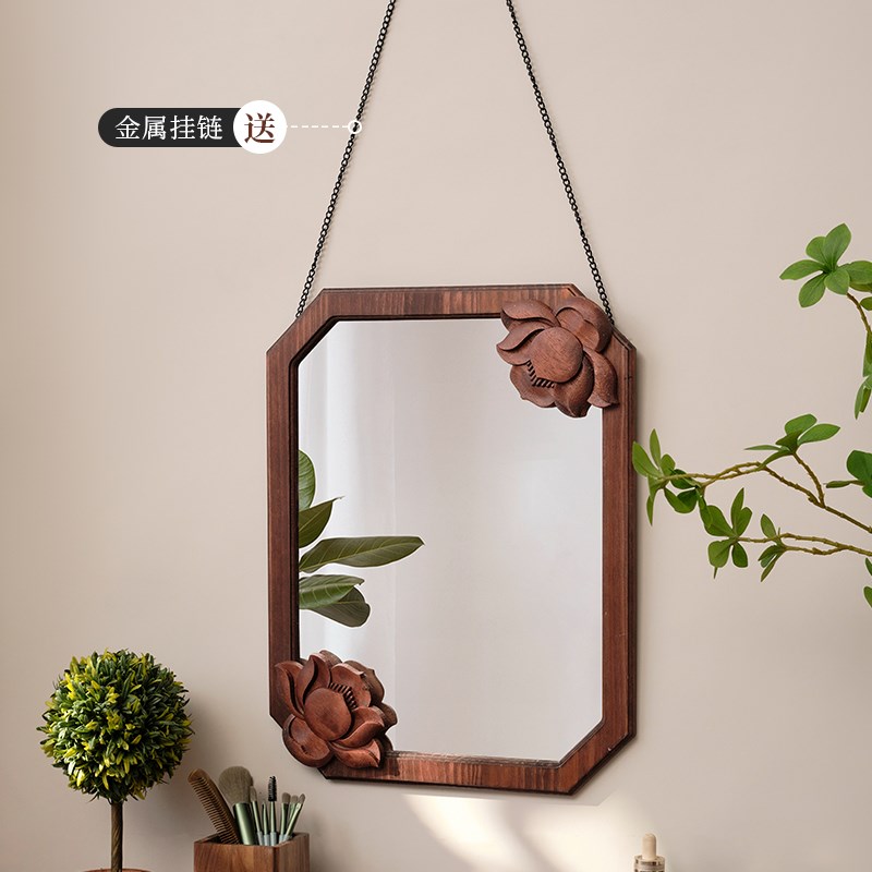 复古高级b感化妆镜实木桌面客厅梳妆台镜子主卧室壁挂式挂墙梳妆