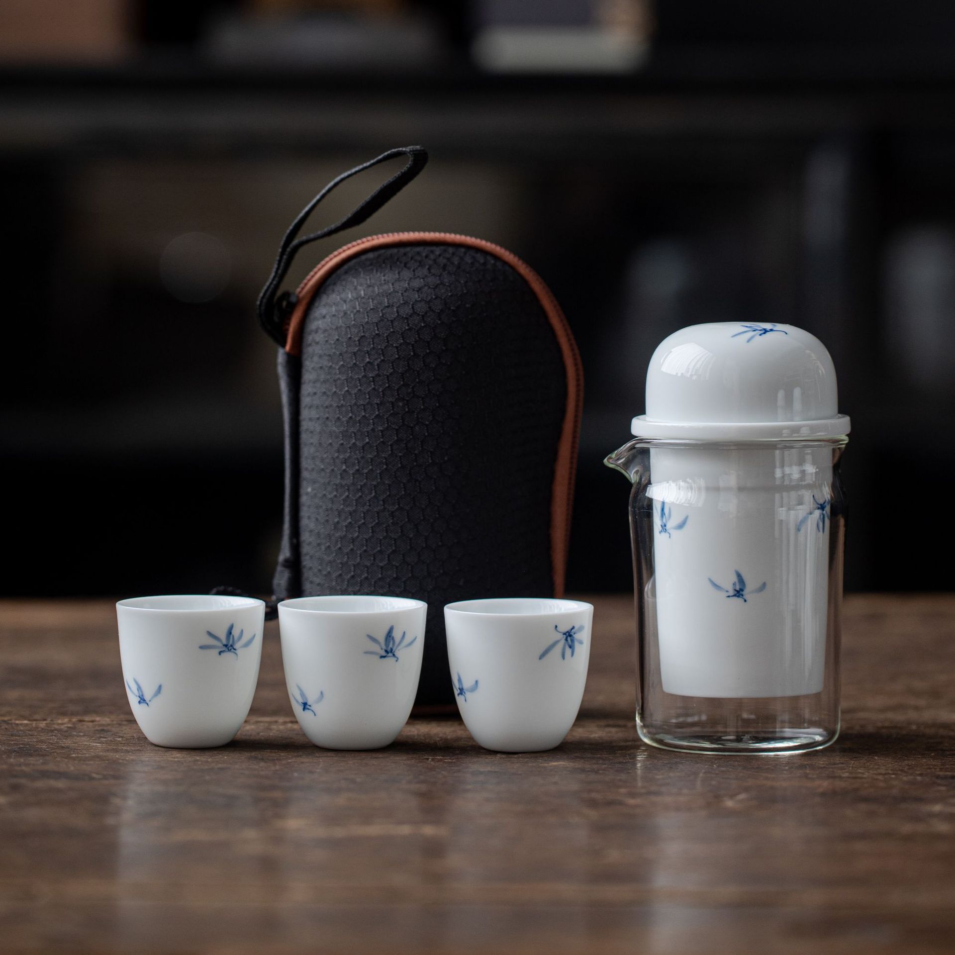 手绘小兰花便携式旅行茶具套装随身户外泡茶壶陶瓷快客杯一壶三杯