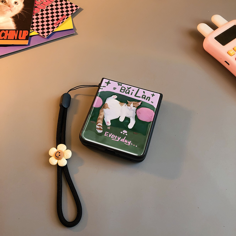 沙发猫咪玻璃适用华为pocket2手机壳purax硬novaflip小米mixflip三星zflip5 6 7 4卡通oppofindn3n2荣耀v女0