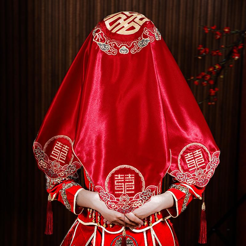 速发结婚礼红盖嫁道呈新娘出头蒙头红色中式秀禾刺绣龙凤具祥头巾