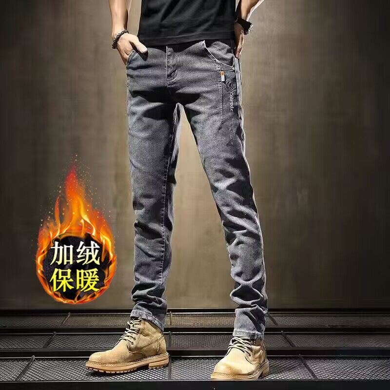 秋冬季加绒牛仔裤男士2025新款修身潮流水洗宽松休闲保暖长裤