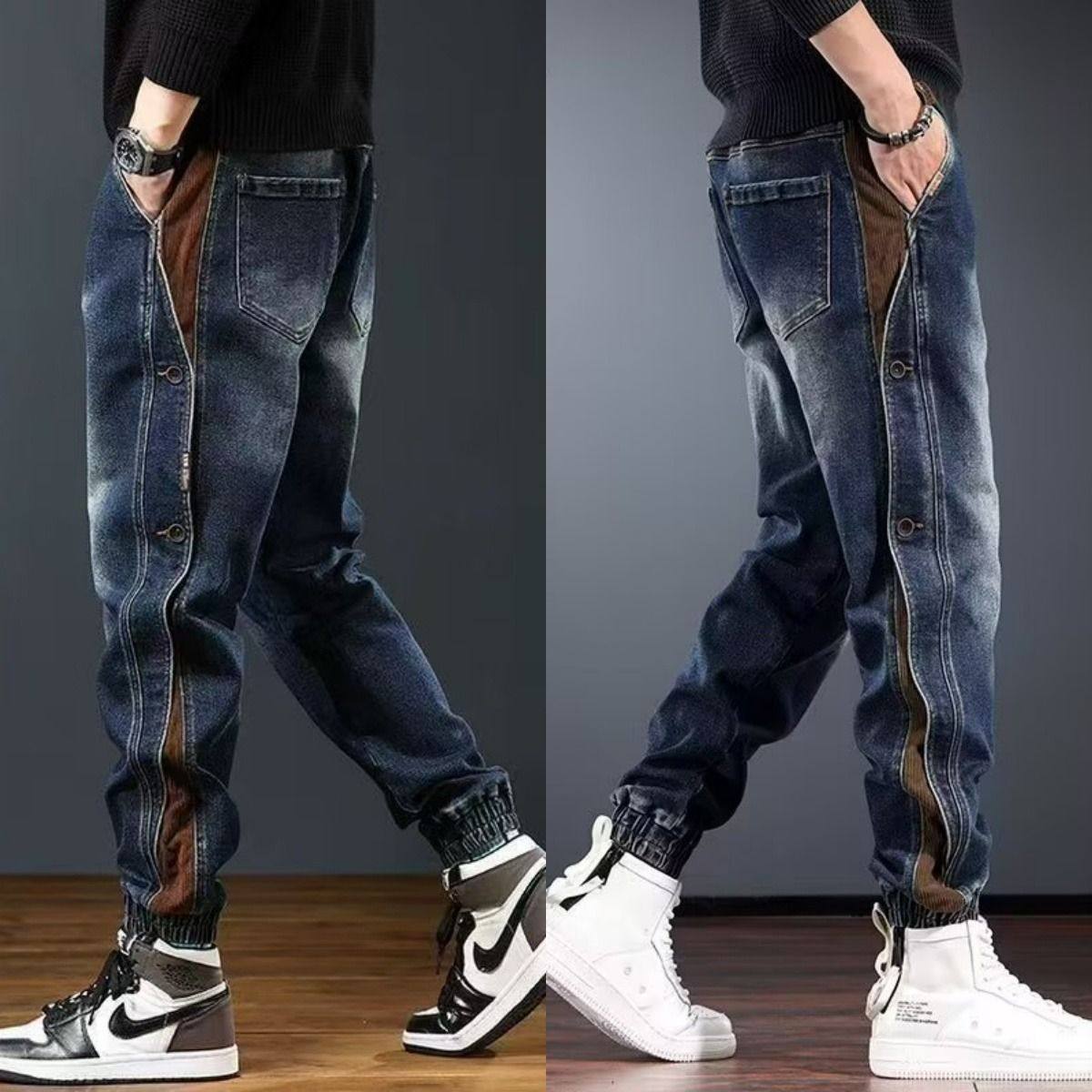 美式复古拼接弹力牛仔裤男士秋冬款修身痞帅束脚哈伦休闲长裤子男