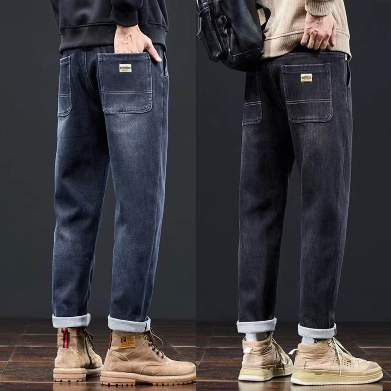 秋冬款2025新款男士牛仔裤弹力松紧腰哈伦男裤直筒宽松休闲长裤子