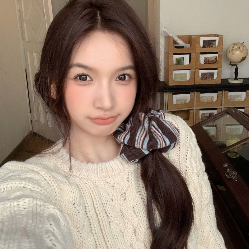 慵懒风撞色条纹大肠圈复古少女扎马尾头绳秋冬百搭丸子头发绳皮套