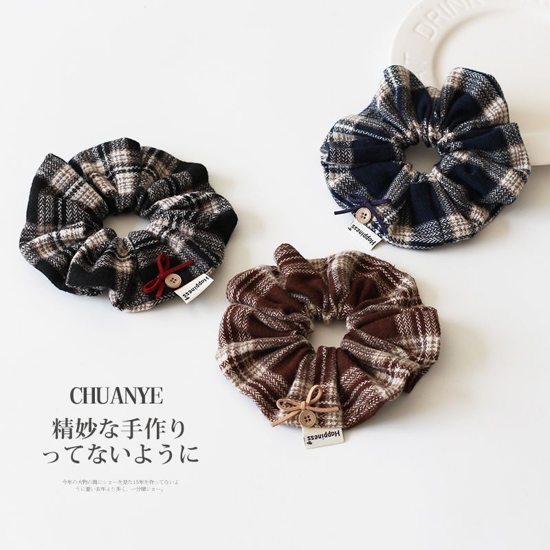 法式新款格子扎发大肠发圈小众纽扣蝴蝶结头马尾发绳温柔少女头饰