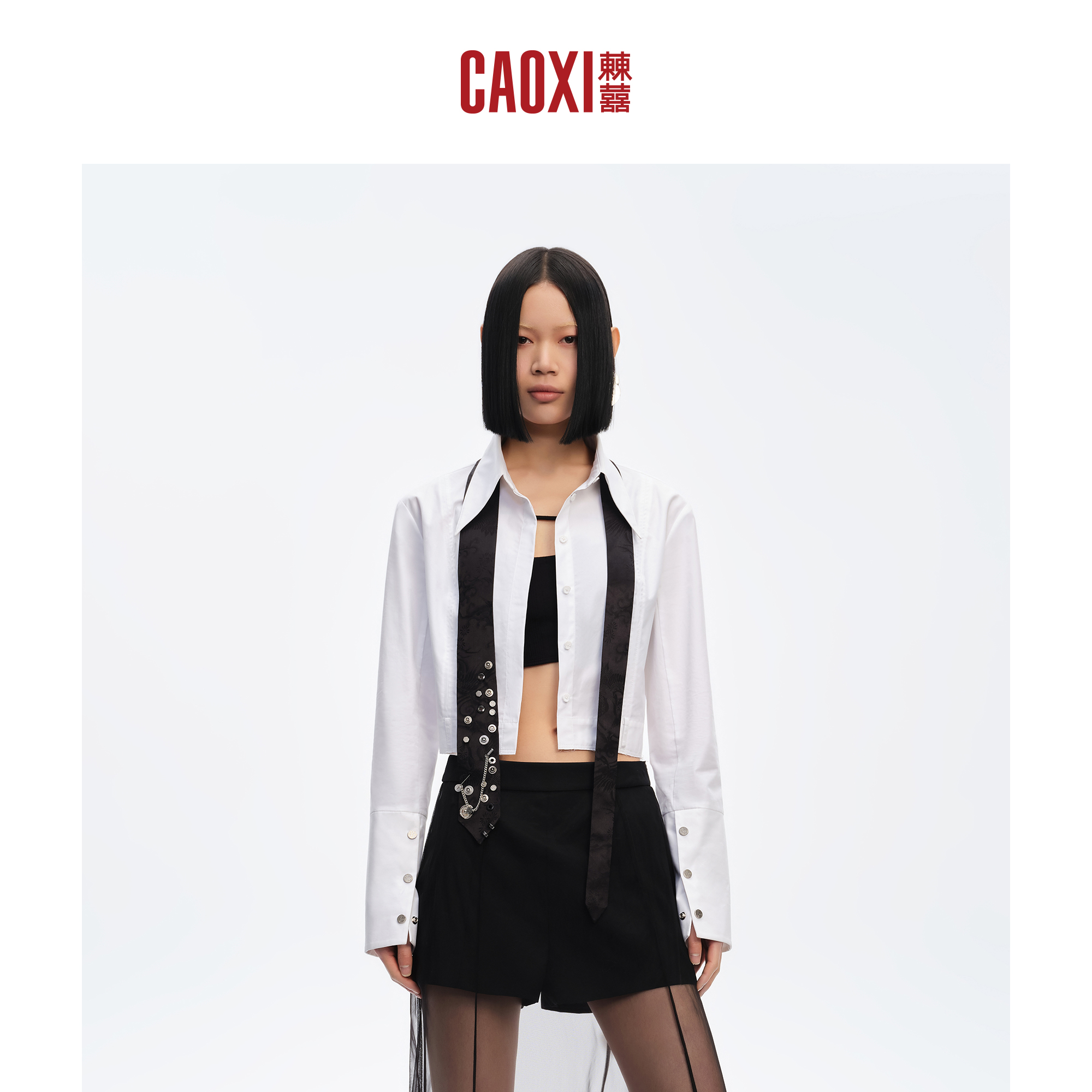 CAOXI 白色纯棉正肩短款长袖衬衫外套女2025秋修身显瘦衬衣上衣