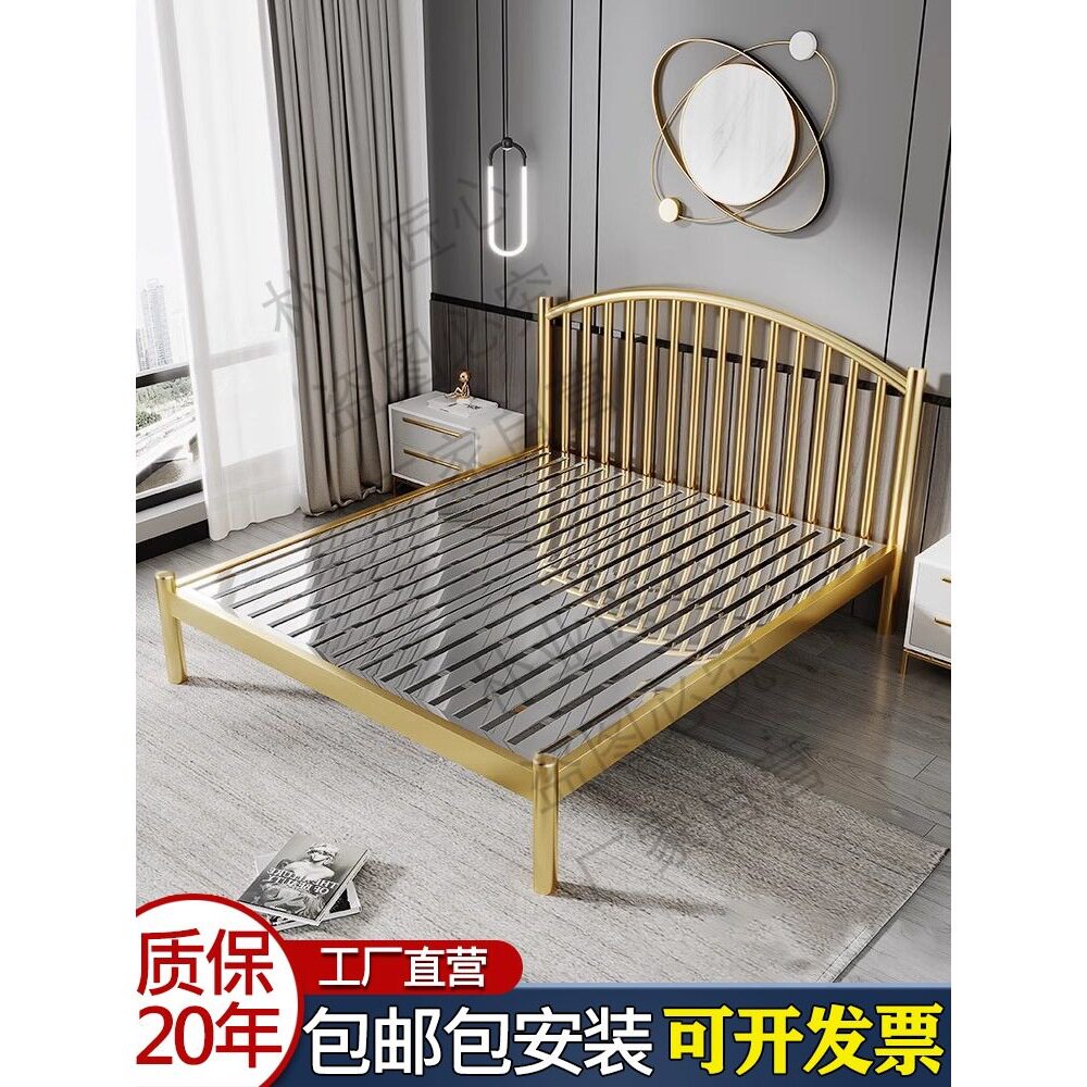 加厚不锈钢床304钉制软包床头双人床欧式简约家用网红非铁艺床架