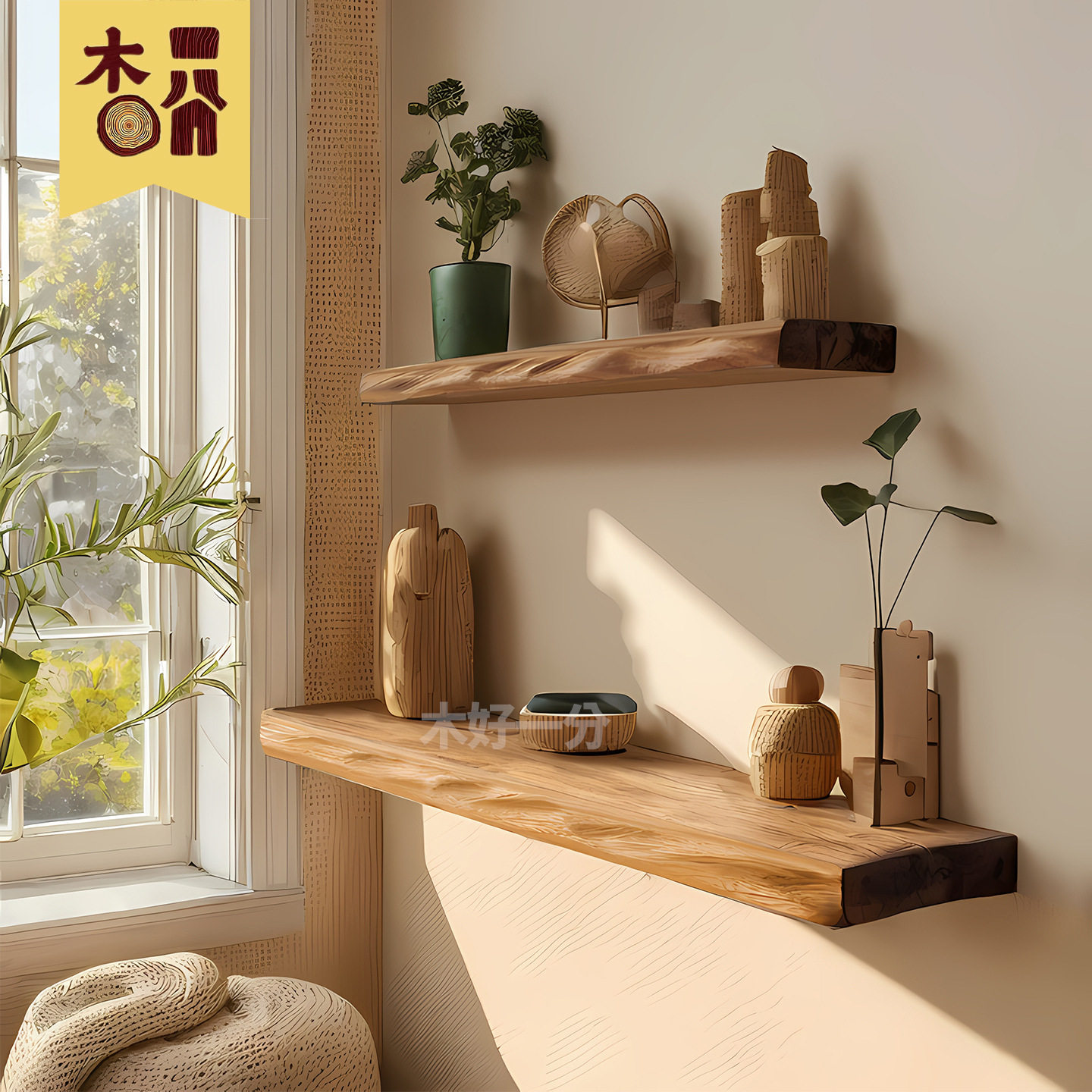 复古榆木一字板置物板墙壁收纳展示书架墙上实木隔层板厨房置物架