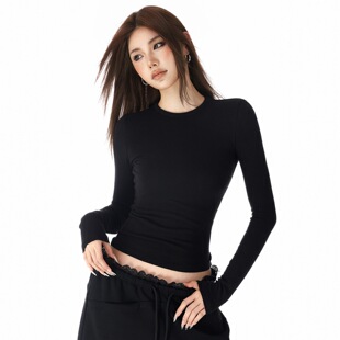 2026跨境基础款黑色磨毛修身长T恤女秋新款圆领正肩紧身弹力打底