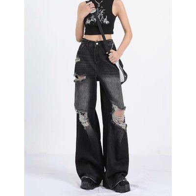 新款美式复古男女高街直筒乞丐破洞牛仔裤潮流款式拖地牛仔裤