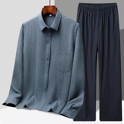 夏季中老年人长袖男士衬衫春秋爸爸套装薄款宽松爷爷棉麻衬衣衣服