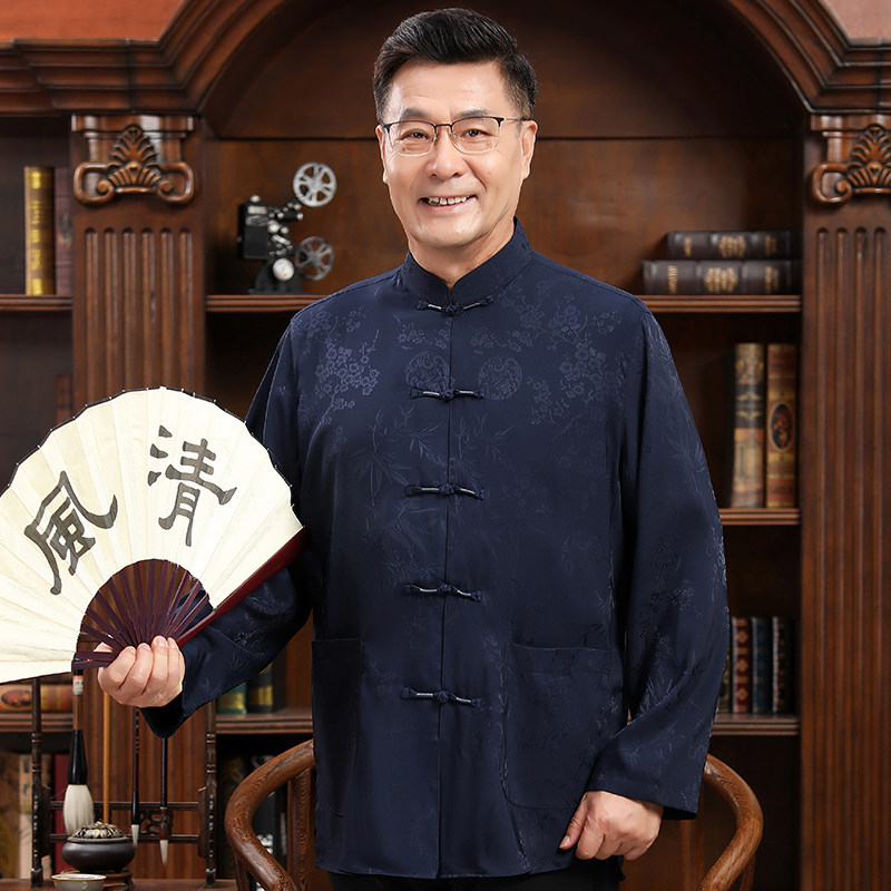 春季中老年长袖唐装男中式休闲衬衫爸爸装中国风冰丝大码爷爷上衣,男装,唐装,淘宝优惠券,粉丝福利购,淘宝优惠卷