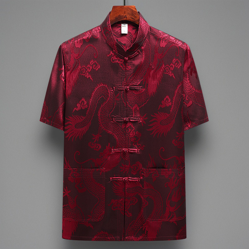 唐装男冰丝古风短袖衬衫中老年人新中式汉服爸爸爷爷晨练太极服夏