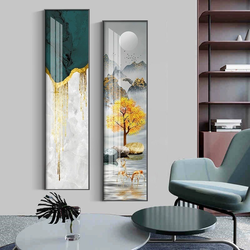 入户玄关装饰画轻奢壁画走廊过道挂画G长条竖版别墅发财鹿背景墙图片