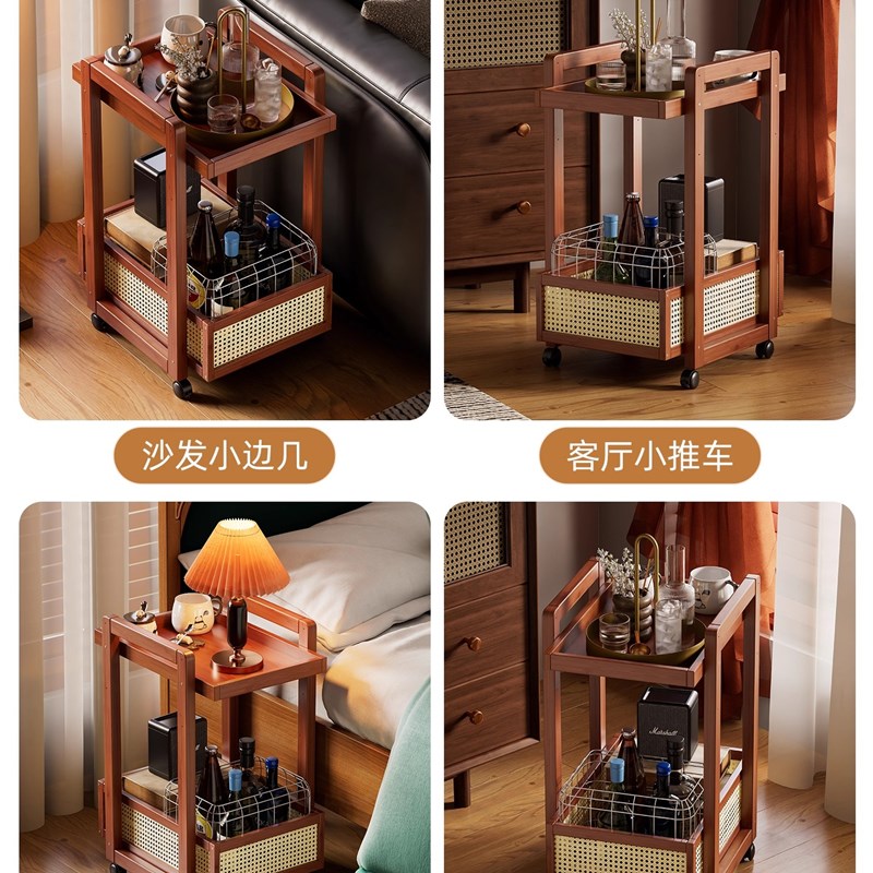 小推车置物架沙发边几中古小茶几家用客厅带轮Q移动边几卧室床边