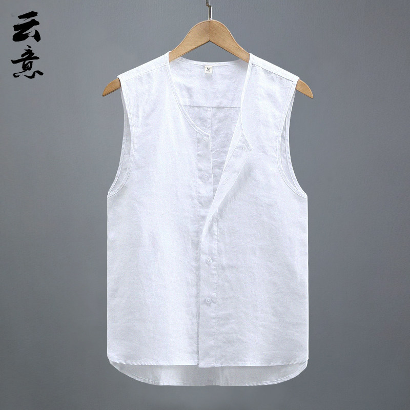 速发纯亚麻背心男装夏季薄款无袖坎肩中国风休闲宽松麻料马甲白色