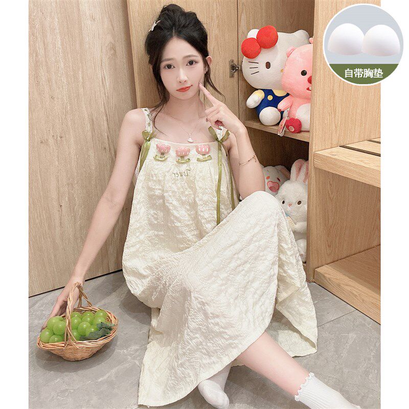 速发带胸垫睡裙夏季甜美花朵士吊带睡衣夏天薄款中长款裙子家居服