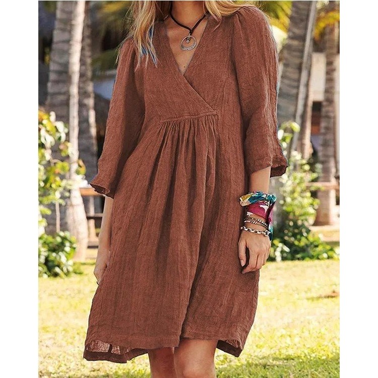 2022新品亚马逊eBay时尚V领纯色交叉七分袖宽松休闲连衣,女装/女士精品,汉服连衣裙,淘宝优惠券,粉丝福利购,淘宝优惠卷