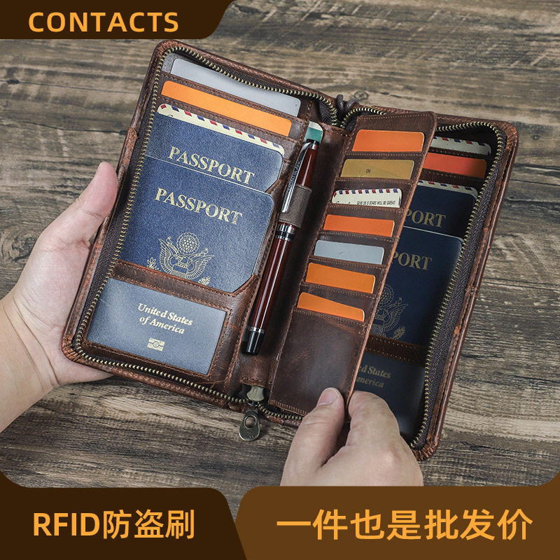 黑天使RFID防磁旅行家庭护照收纳包多功能拉链配手腕带真皮护照包