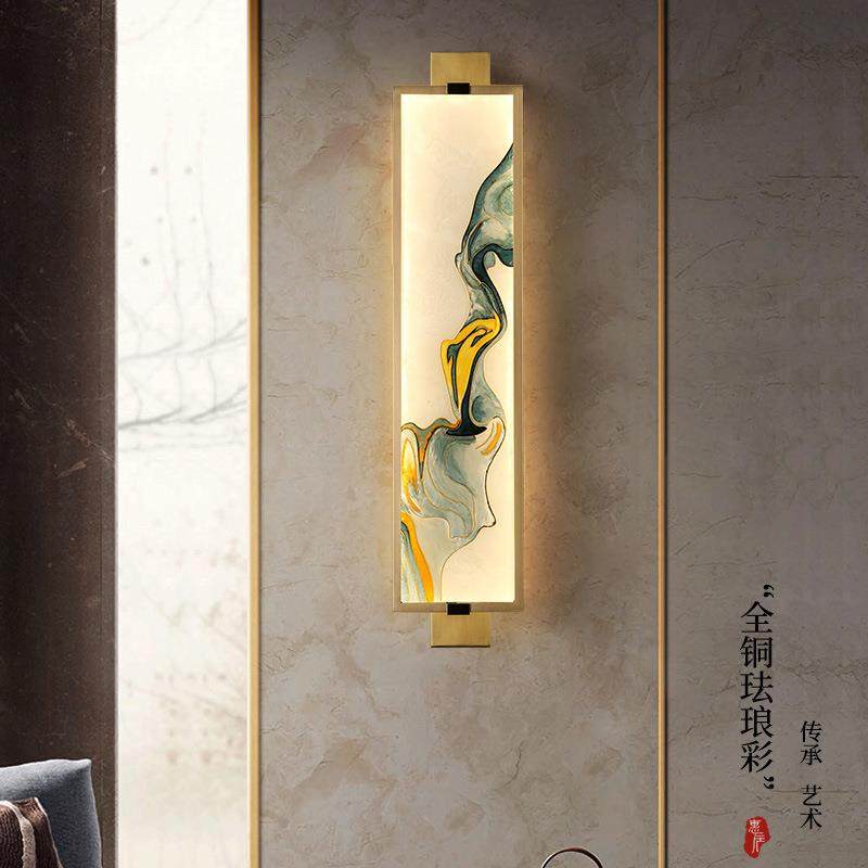 新中式全铜壁灯珐琅彩客厅背景墙灯免布线充电过道卧室床头壁画灯