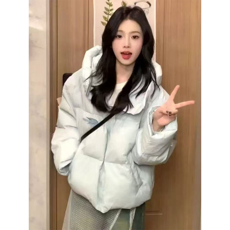 蓝色连帽羽绒棉服女冬季新款韩系小个子保暖加厚面包服棉衣外套潮