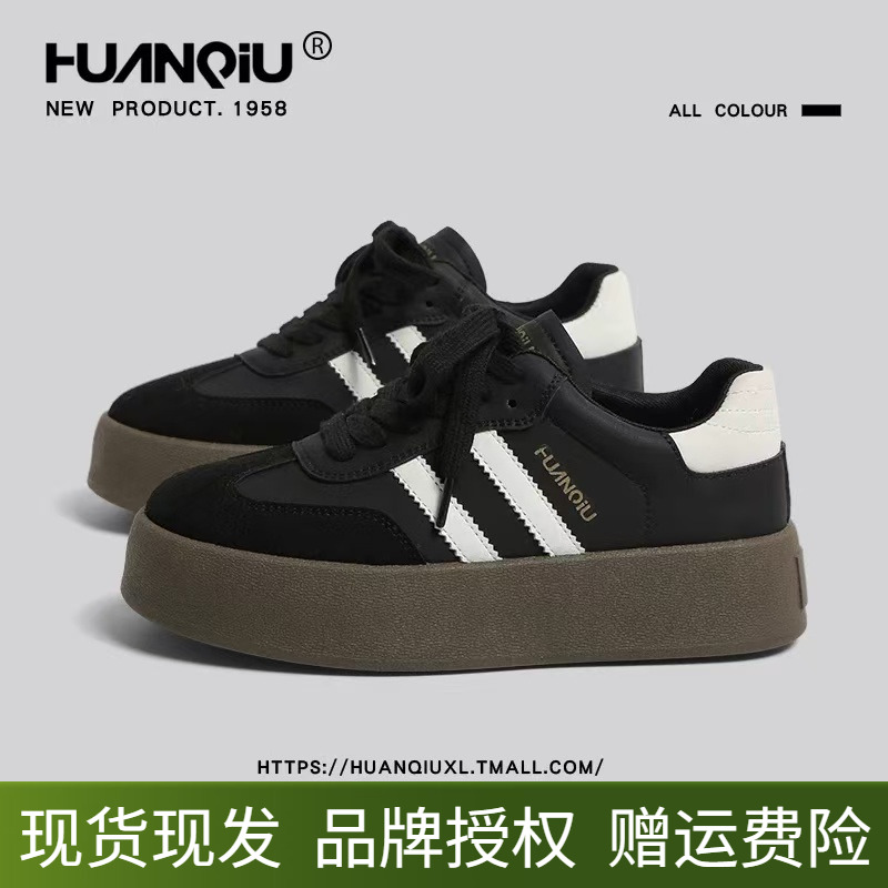 环球德训鞋女鞋黑色厚底增高板鞋冬季加绒轻便系带学生运动休闲鞋