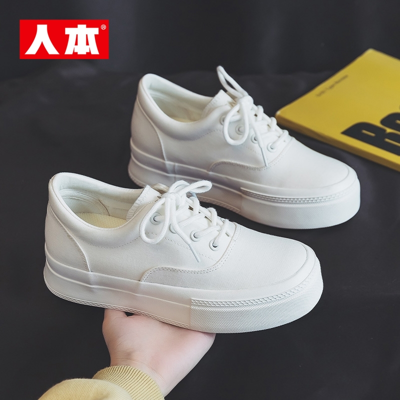 人本官方店厚底小白鞋帆布鞋女复古2025年夏季学生百搭透气休闲鞋