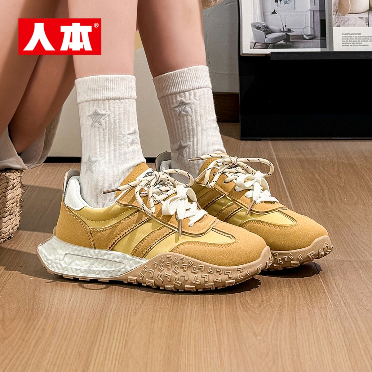 人本官方店2025春夏新款时尚百搭ins风多巴胺色系女款休闲运动鞋