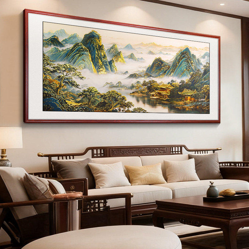 浮雕描金山水画靠山图中式装饰画沙发背景墙挂画客厅西墙墙面壁画