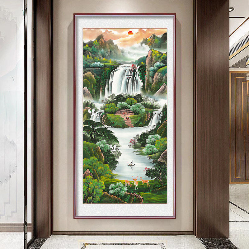 聚宝盆玄关装饰画入户正对门山水画办公室挂画走廊过道新中式壁画