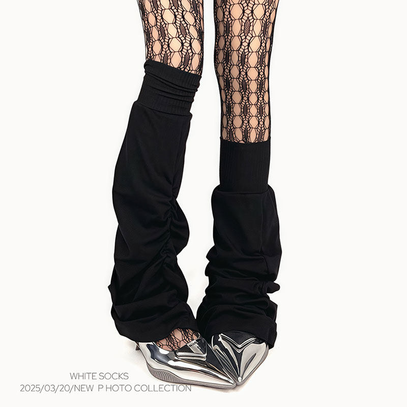 WHITE SOCKS黑色复古褶皱马蹄堆堆袜女春夏薄款亚文化小腿袜套女
