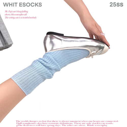 WHITE SOCKS浅蓝色坑条堆堆袜套针织纯欲中筒袜简约百搭小腿袜女