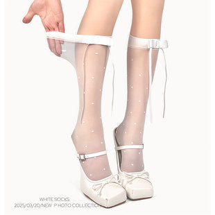 春夏芭蕾风小腿袜宽边蝴蝶结防勾丝波点lolita中筒袜jk配小皮鞋 女