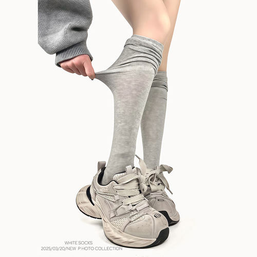 WHITE SOCKS 灰色褶皱叠穿小腿袜女薄款拼接防勾丝显瘦高筒袜子女