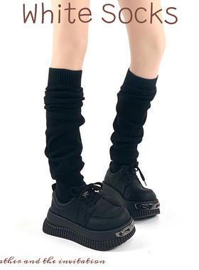 WHITE SOCKS黑色连脚针织小腿袜泡泡口简约百搭堆堆袜保暖长袜女