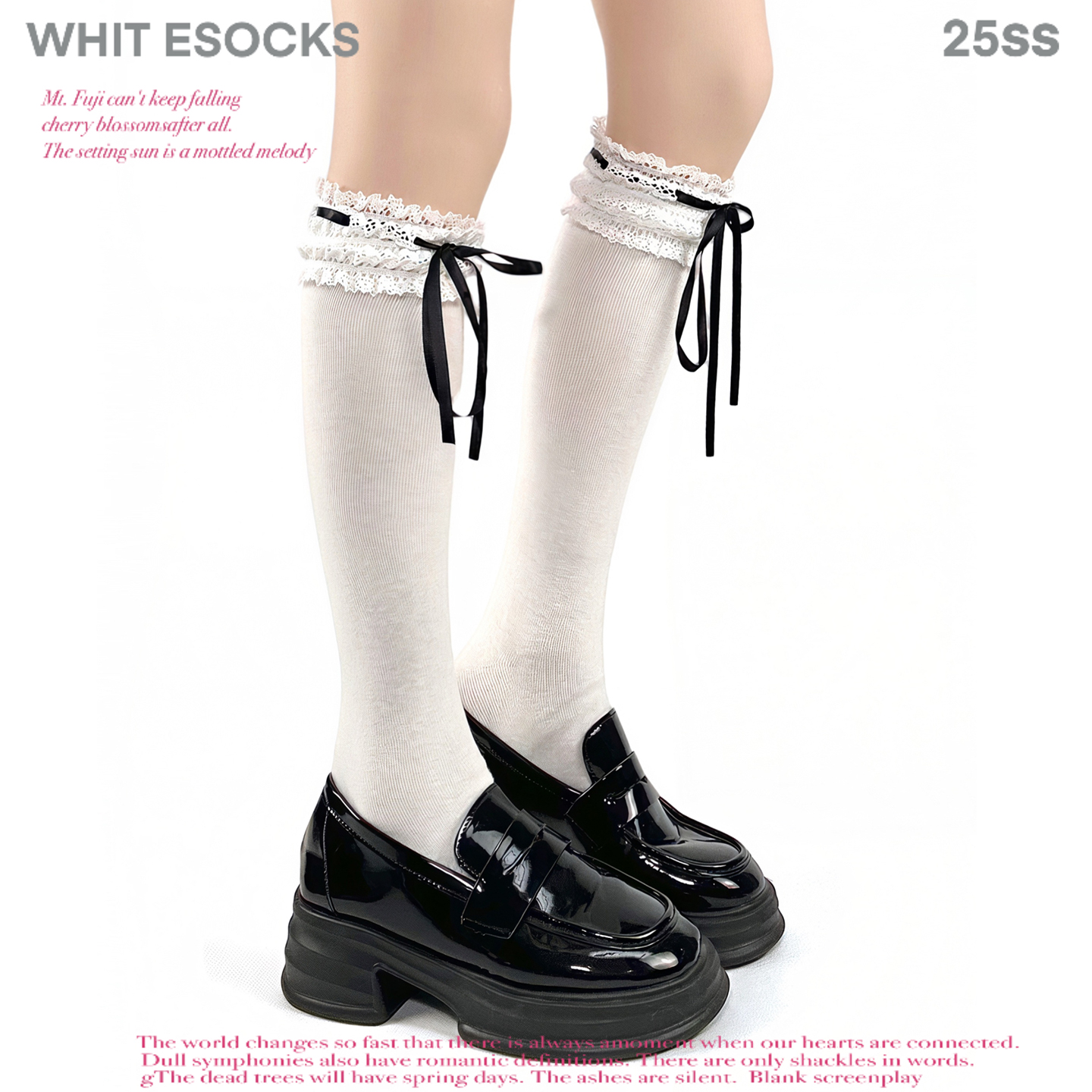 WHITE SOCKS绑带蝴蝶结小腿袜秋季芭蕾风精梳棉jk堆堆袜中筒袜女