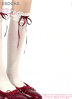 WHITE SOCKS红色蕾丝花边小腿袜绑带jk蝴蝶结芭蕾风洛丽塔堆堆袜